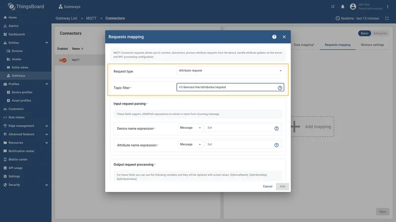 Select Attribute request type and fill Topic filter