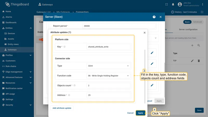 Set an attribute key name, type, function code, objects count, and address