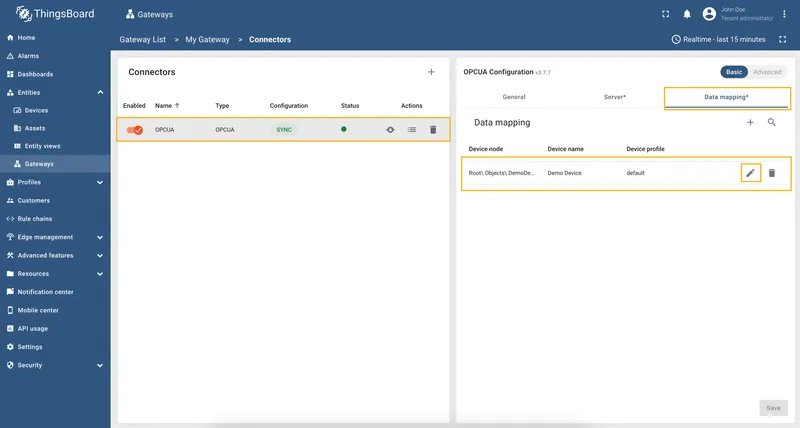 Select OPC-UA connector, click Data mapping, click Pencil icon