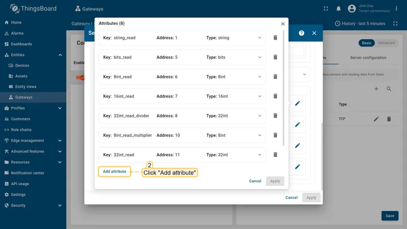 In the opened window click Add attribute or Add time series