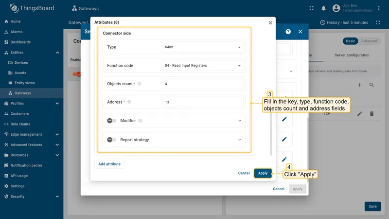 Fill in key, type, function code, objects count and address fields