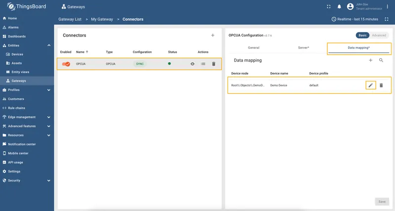 Select OPC-UA connector, click Data mapping