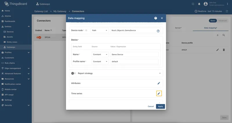 Click on the pencil icon next to Time series or Attributes section