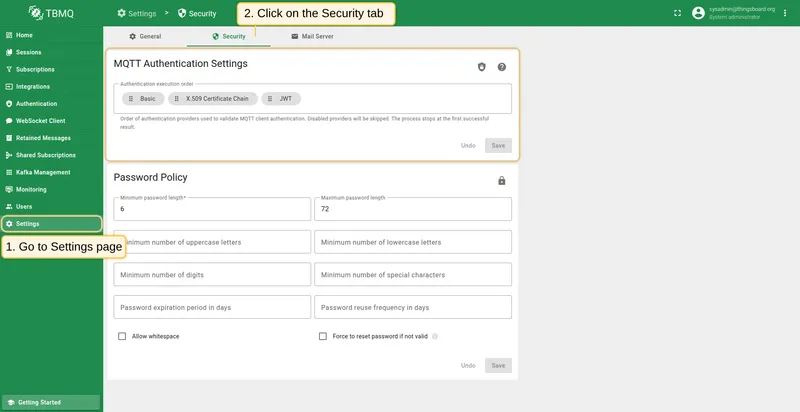 MQTT Authentication Settings page showing the Authentication Execution Order configuration
