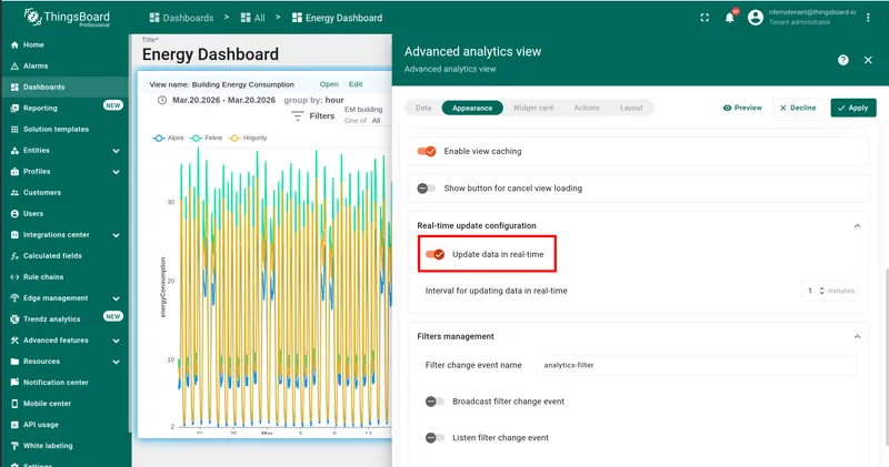Appearance tab — Real-time update configuration section with Update data in real time toggle off