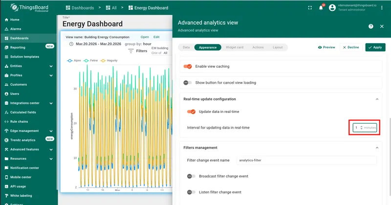 Appearance tab — Update data in real time enabled, interval set to 1 minute