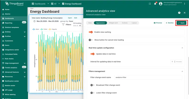 Appearance tab — Update data in real time enabled with interval set to 1 minute, Apply button highlighted