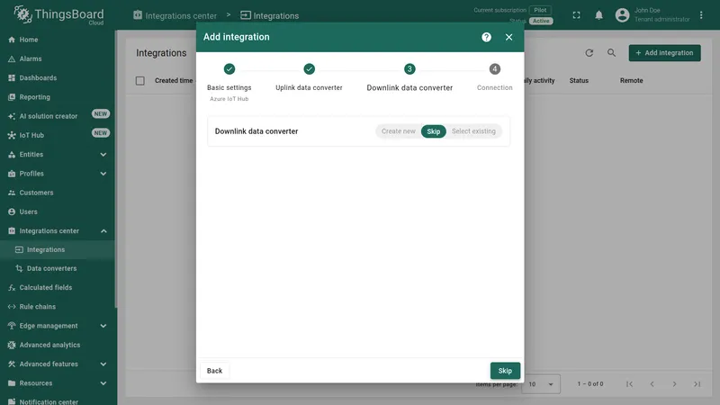 Add integration wizard — Downlink data converter step with Skip button highlighted