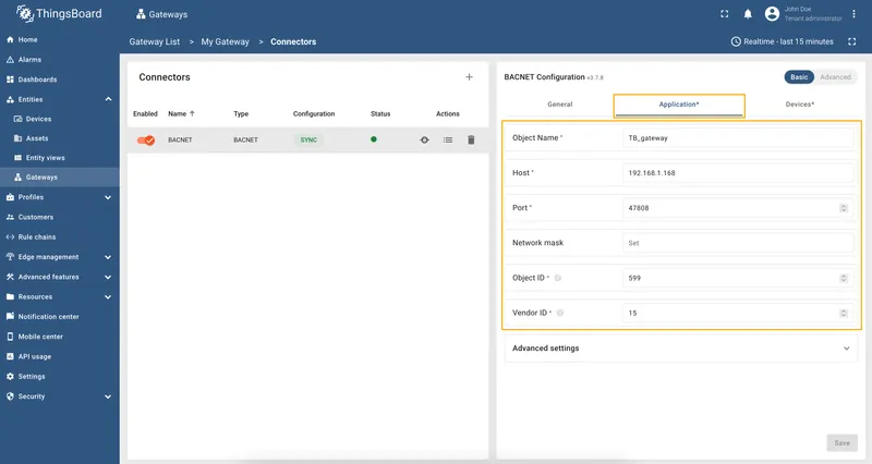 BACnet Application section in Basic mode
