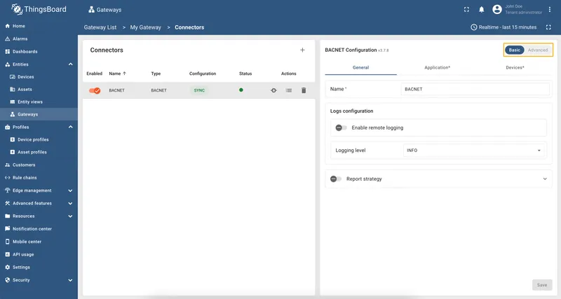 Toggle between Basic and Advanced configuration modes