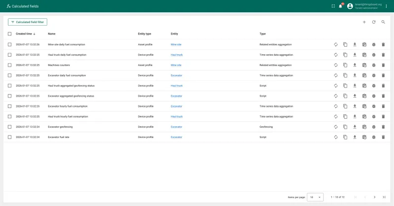 Calculated fields configuration panel showing zone detection and fleet logic