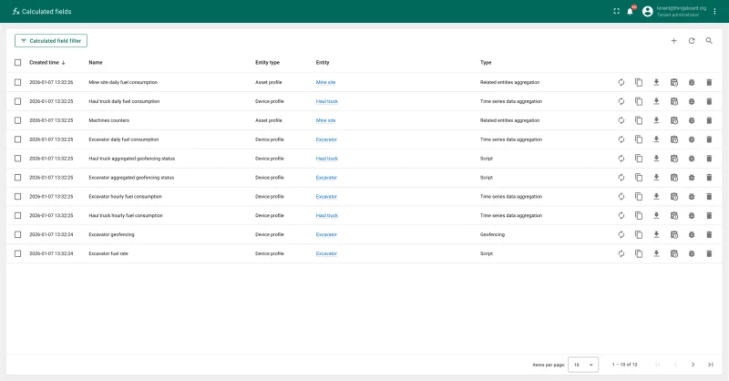 Calculated fields configuration panel showing zone detection and fleet logic