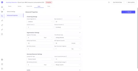Advanced Properties panel with clustering and segmentation settings