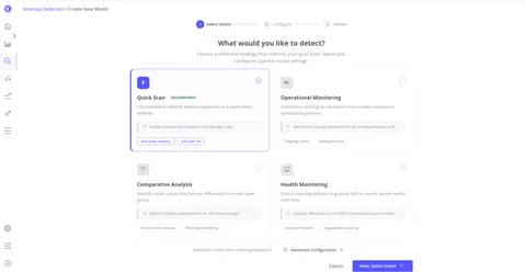 Create New Model wizard showing detection strategy options