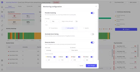 Monitoring configuration dialog with periodic scanning and alert settings