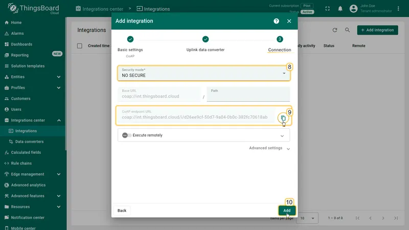 Add integration wizard — Connection: Security mode NO SECURE, Base URL coap://int.thingsboard.cloud, CoAP endpoint URL with copy button, Execute remotely section collapsed