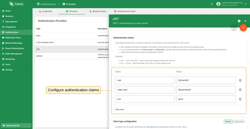Configure JWT authentication claims for MQTT clients