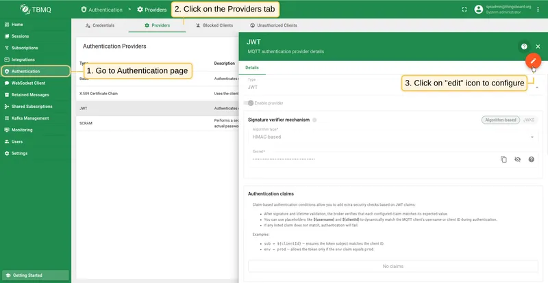 Open the JWT provider configuration page in TBMQ