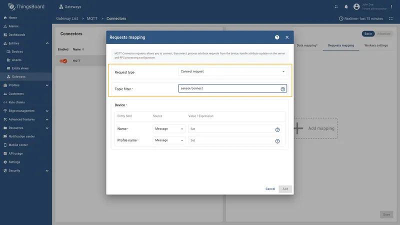 Select Connect request type and fill Topic filter