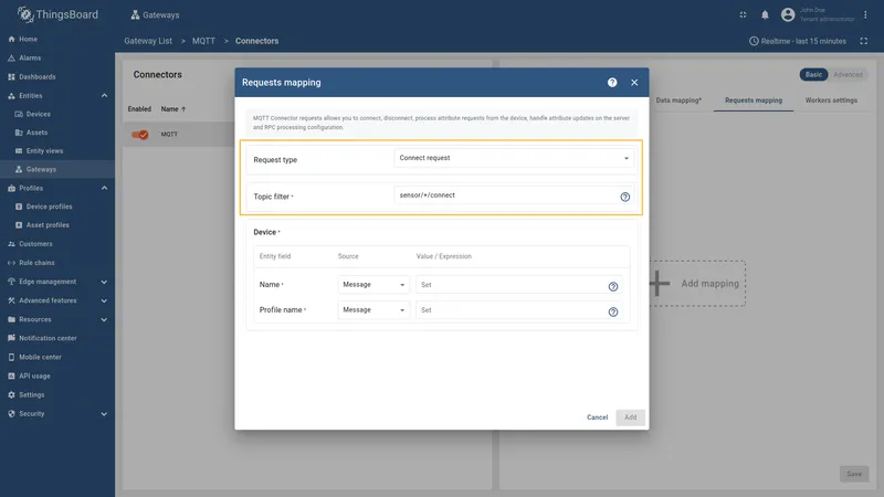 Select Connect request type with wildcard topic filter
