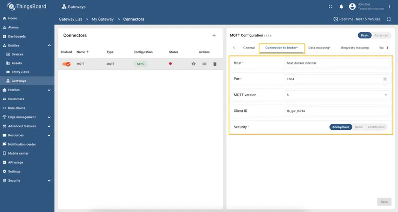 Connection to broker section configuration