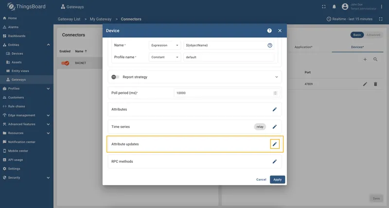 Open Attribute updates section for the device