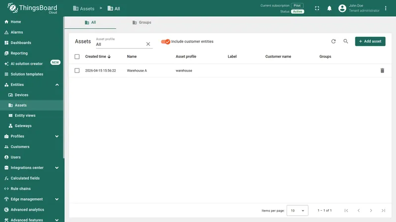 Assets list with Warehouse A