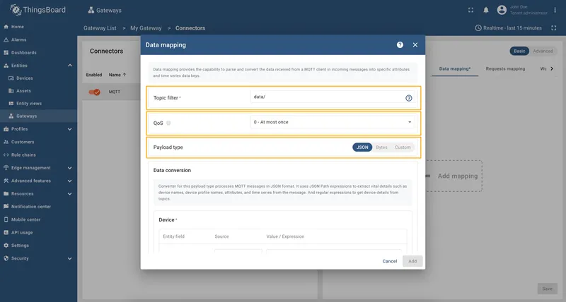 Fill Topic filter, QoS and Payload type fields