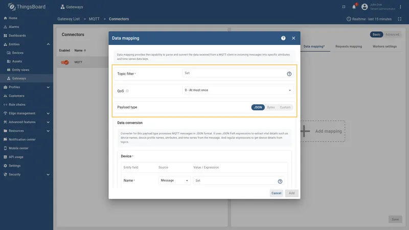 Data mapping modal window