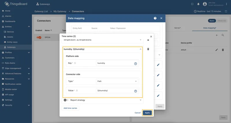 Fill humidity time series fields and click Apply