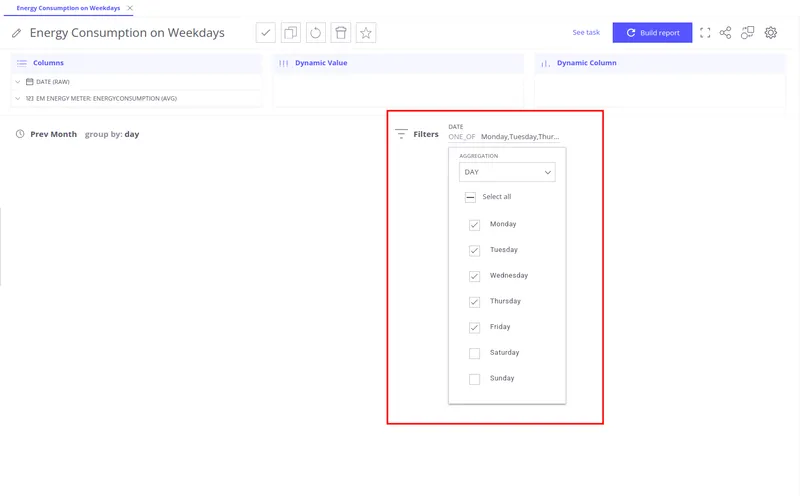 Date filter dialog with Day dimension selected and Monday to Friday checked