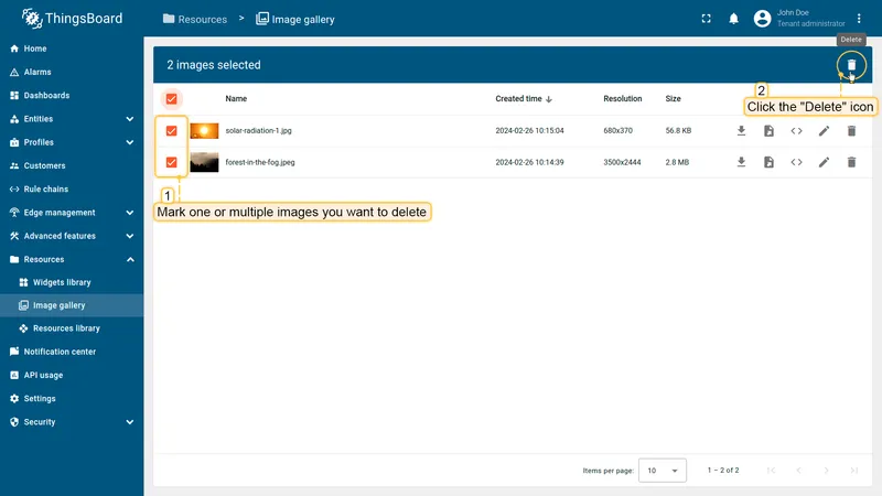 Multiple images selected in the ThingsBoard Image gallery with delete icon highlighted