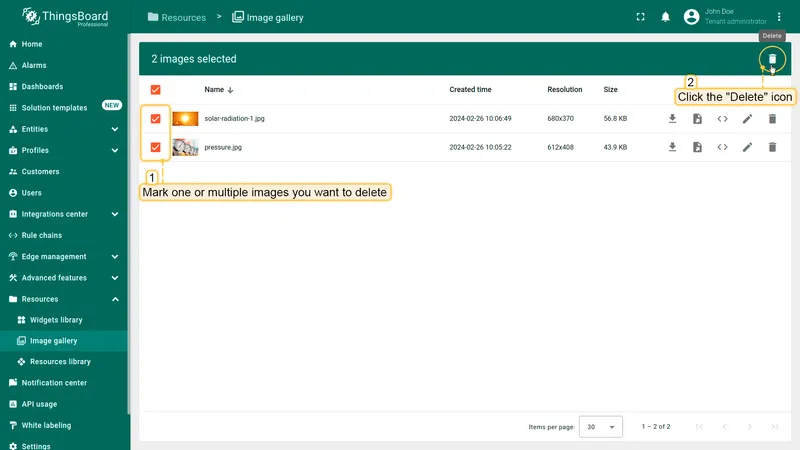 Multiple images selected in the ThingsBoard Image gallery with delete icon highlighted