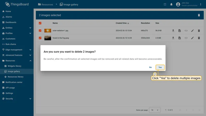 Confirmation dialog asking to confirm deletion of selected images