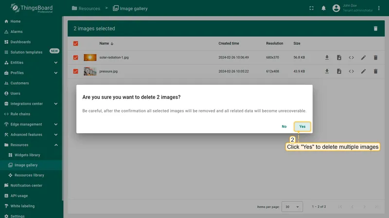 Confirmation dialog asking to confirm deletion of selected images