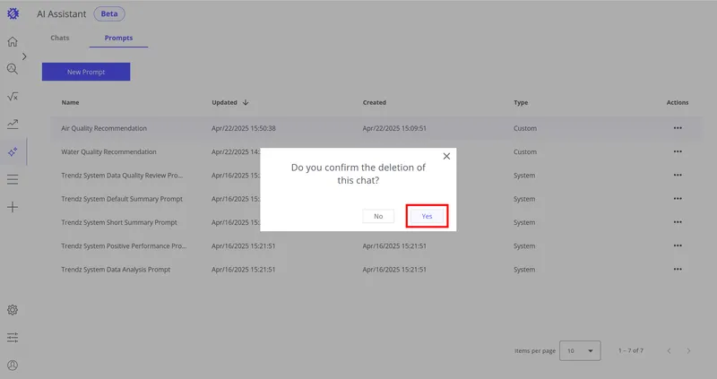 Confirmation dialog — Yes button
