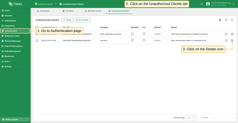 Click Delete icon next to the unauthorized client to delete it