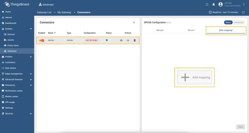 Select OPC-UA connector, click Data mapping, click + Add mapping