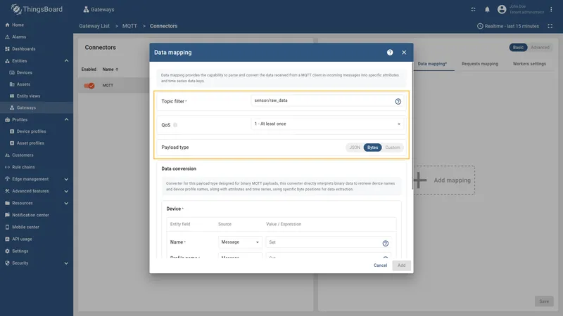Fill Topic filter, QoS and select Bytes payload type