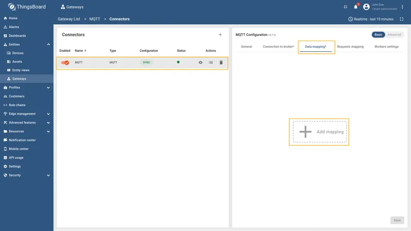 Select MQTT connector and click + Add mapping