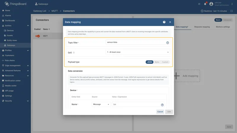Fill Topic filter, QoS and Payload type