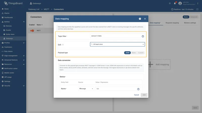 Fill Topic filter with wildcard, QoS and Payload type