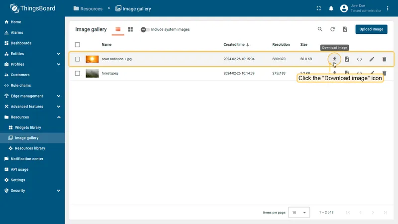 Downloading an image from the ThingsBoard Image gallery list view