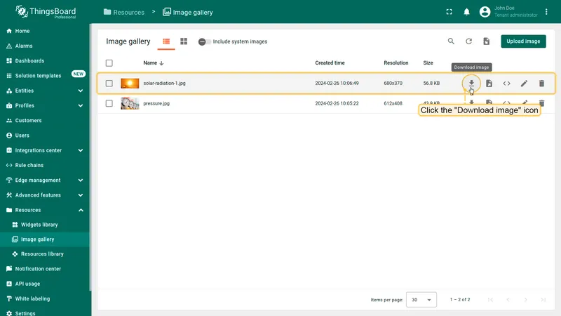 Downloading an image from the ThingsBoard Image gallery list view