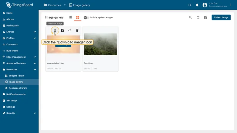 Downloading an image from the ThingsBoard Image gallery grid view