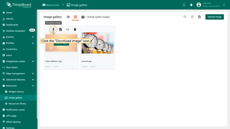 Downloading an image from the ThingsBoard Image gallery grid view