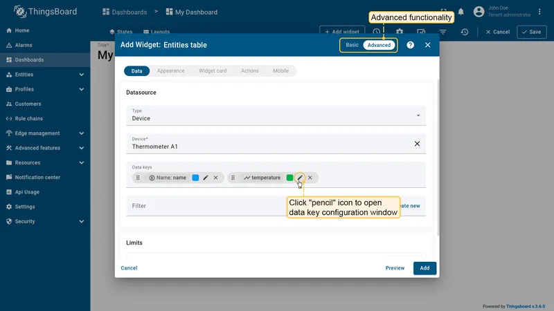 Open advanced key configuration