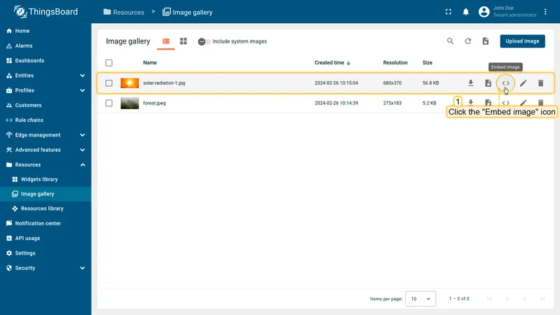 Opening the embed image dialog from the ThingsBoard Image gallery