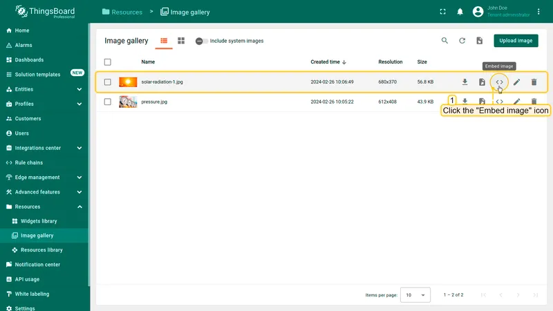 Opening the embed image dialog from the ThingsBoard Image gallery