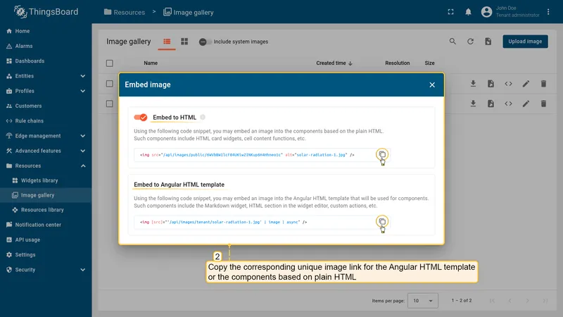 Copying image embed code snippets for HTML and Angular templates